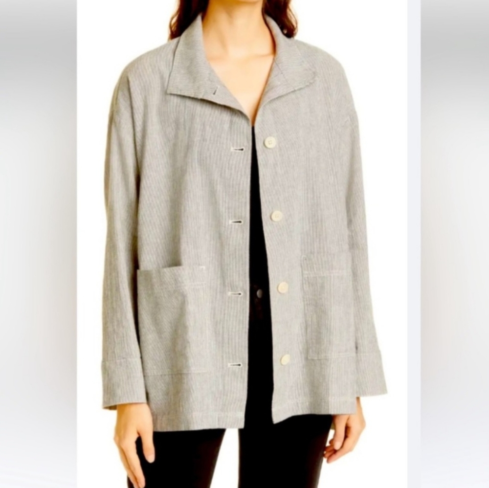 EILEEN FISHER organic cotton linen button up shirt jacket ticking stripe 3X 2X